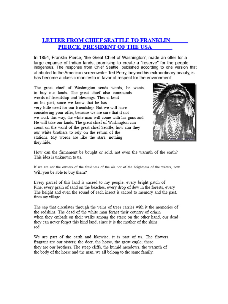 Chief Seattle's Letter to Franklin Pierce | PDF