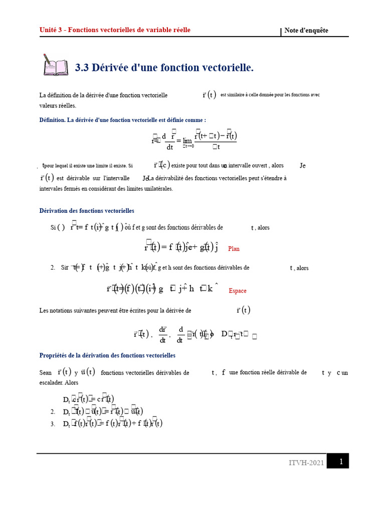 Dérivée des fonctions vectorielles PDF Analyse mathématique — free download