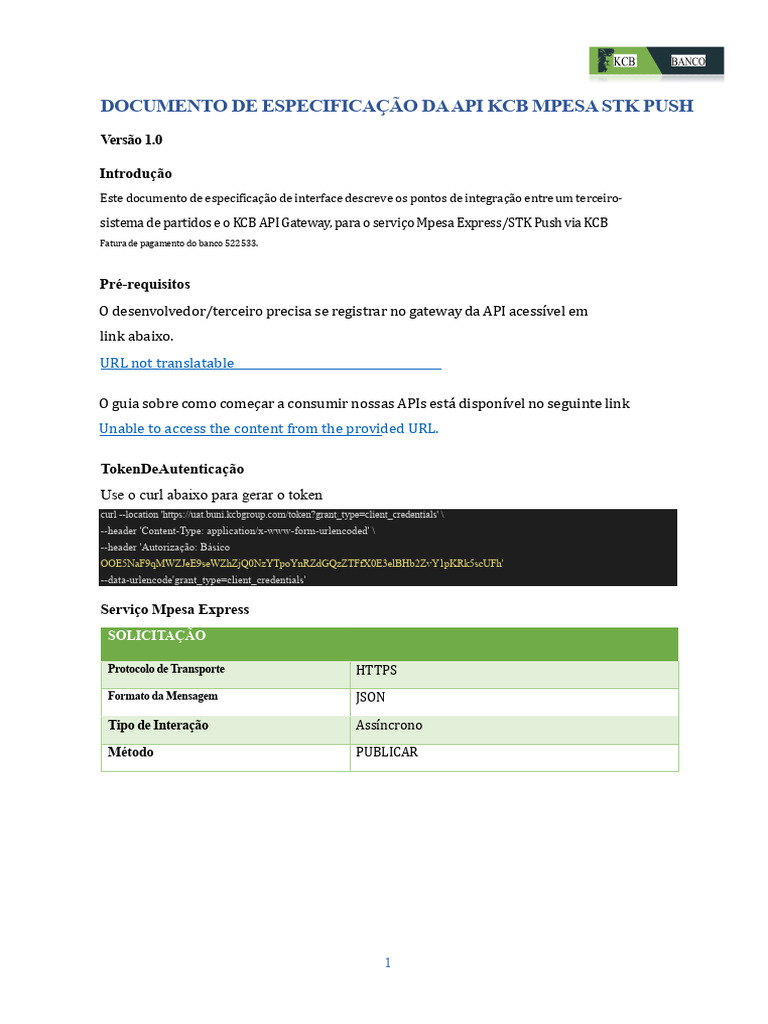 Especificação da API KCB MPESA STK Push | PDF | Informática ...