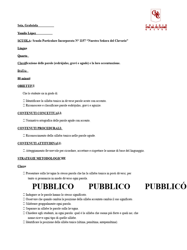 Pianificazione Delle Parole Agude, Gravi e Sdrucciole. | PDF