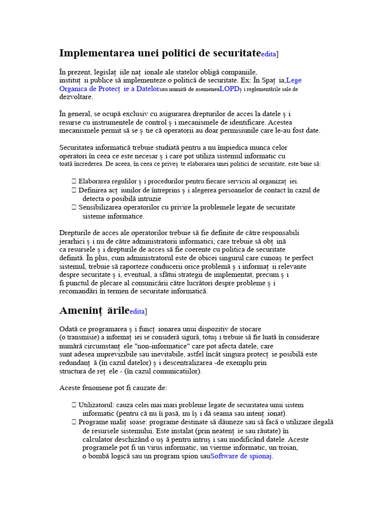 Implementarea Unei Politici de Securitate | PDF