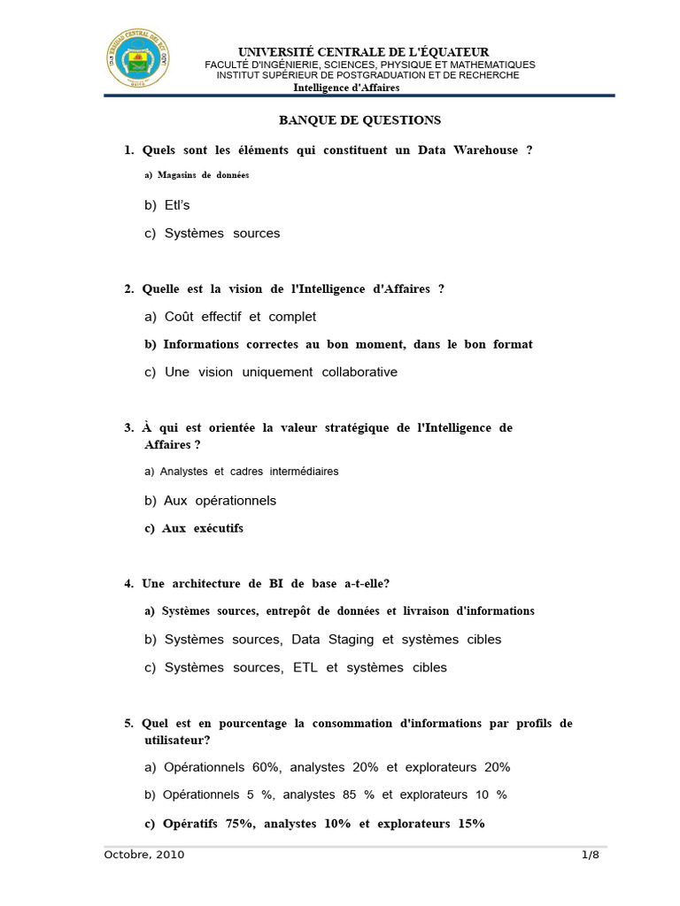 Questions sur l'Intelligence d'Affaires | PDF | Entrepôt de données ...