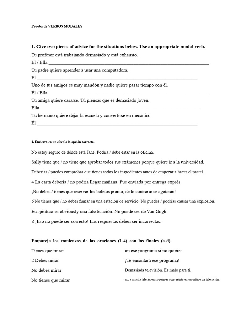 Ejercicios de Verbos Modales en Inglés | PDF