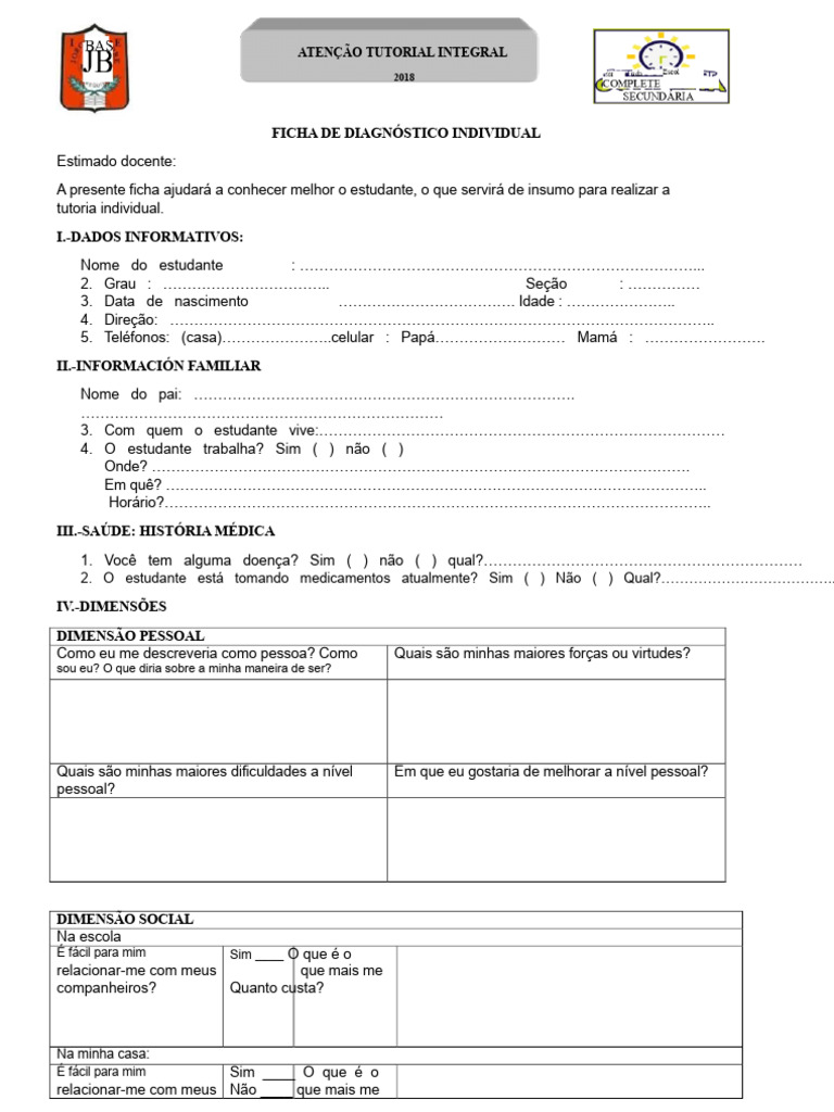 Ficha de Diagnóstico para Tutoria Individual | PDF | Pedagogia