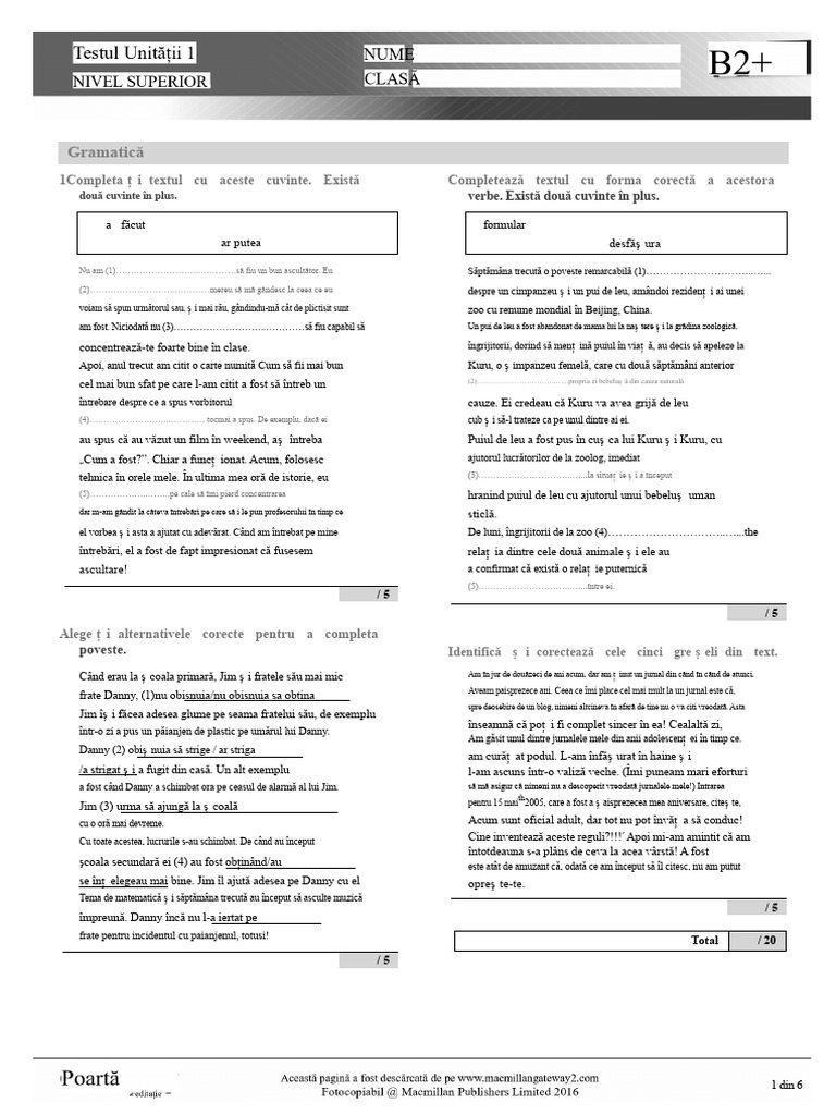B2PLUS UNITATEA 1 Test Mai Avansat | PDF