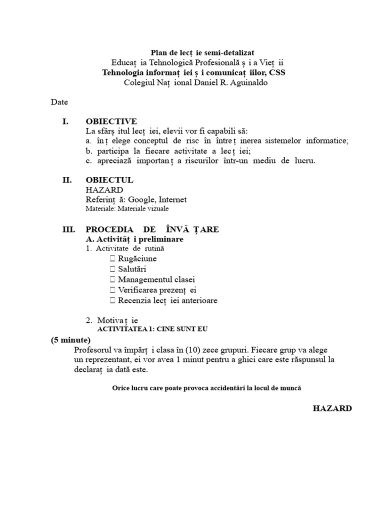 Plan de Lecție Riscuri | PDF