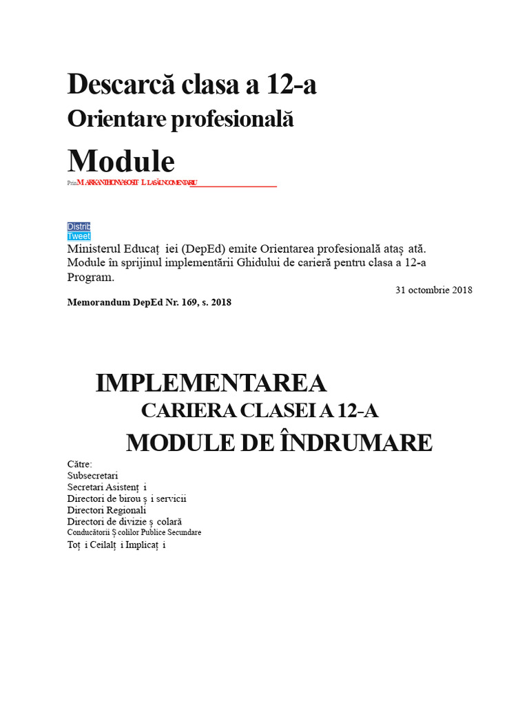 Raport Narativ Privind Modulele de Orientare Profesională Pentru Clasa ...