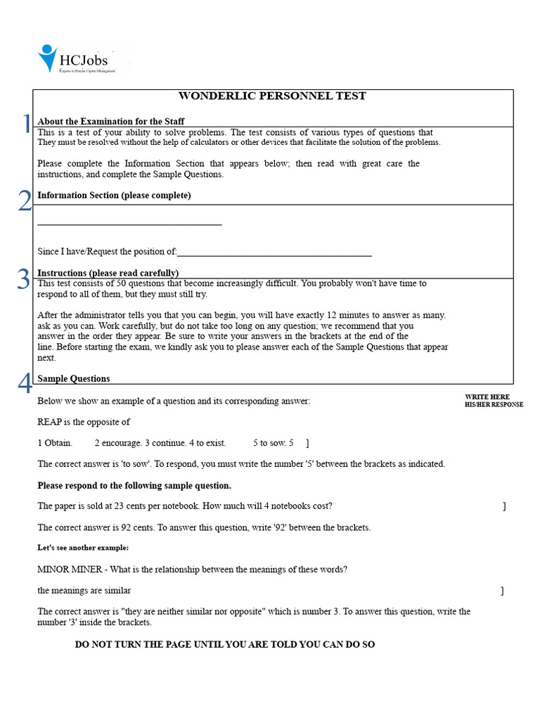 Wonderlic Test Instructions and Examples | PDF