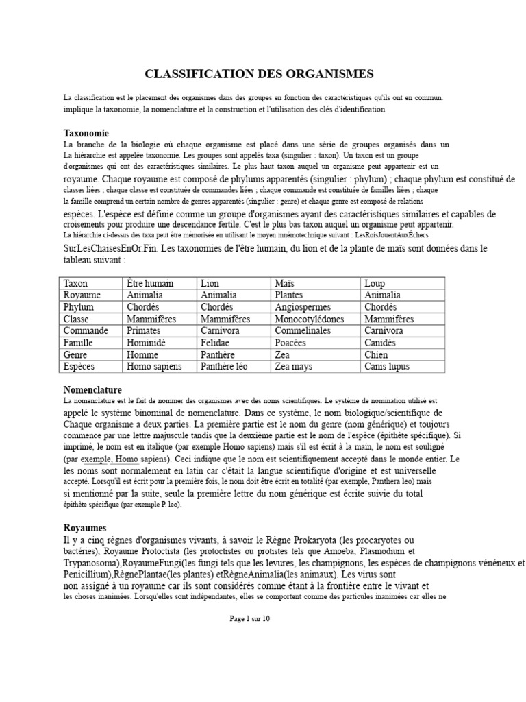 Classification des Organismes Vivants | PDF | Taxonomie (Biologie ...