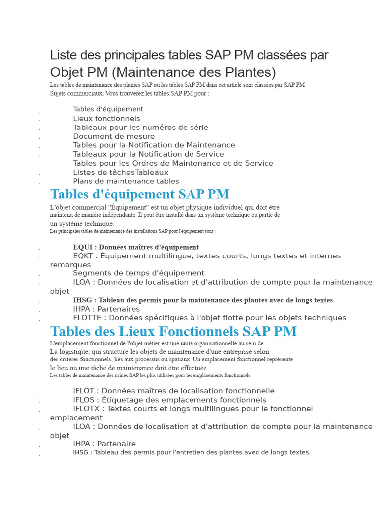 Tables SAP PM pour la maintenance des plantes | PDF | Impression ...