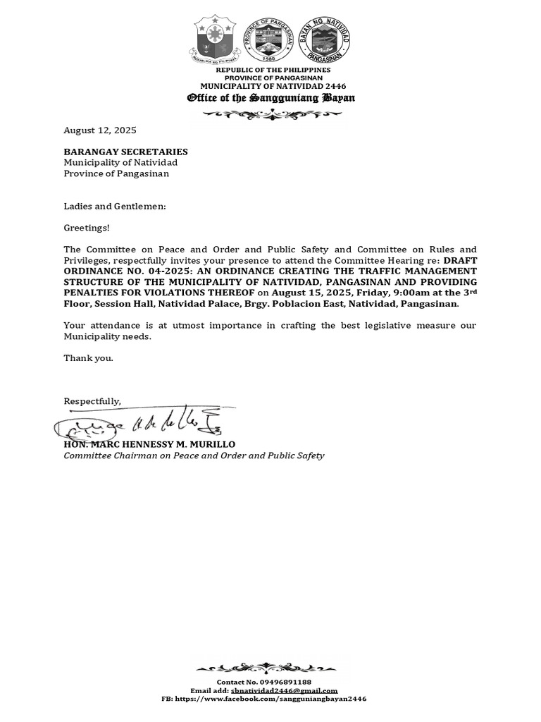 Invitation To Committee Hearing Brgy | PDF