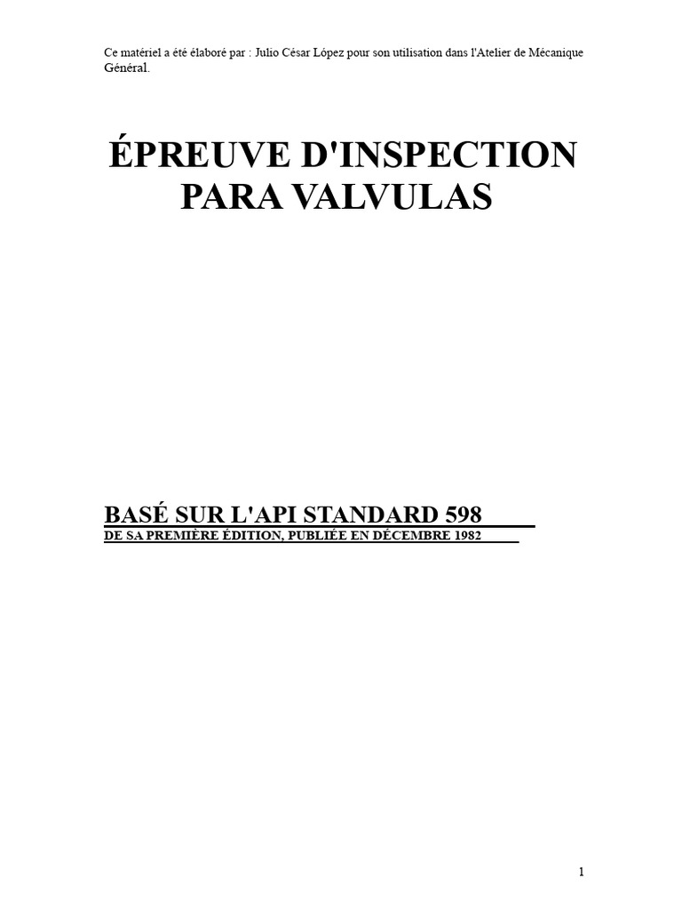 Inspection et essais de vannes API 598 | PDF | Soupape | Acier