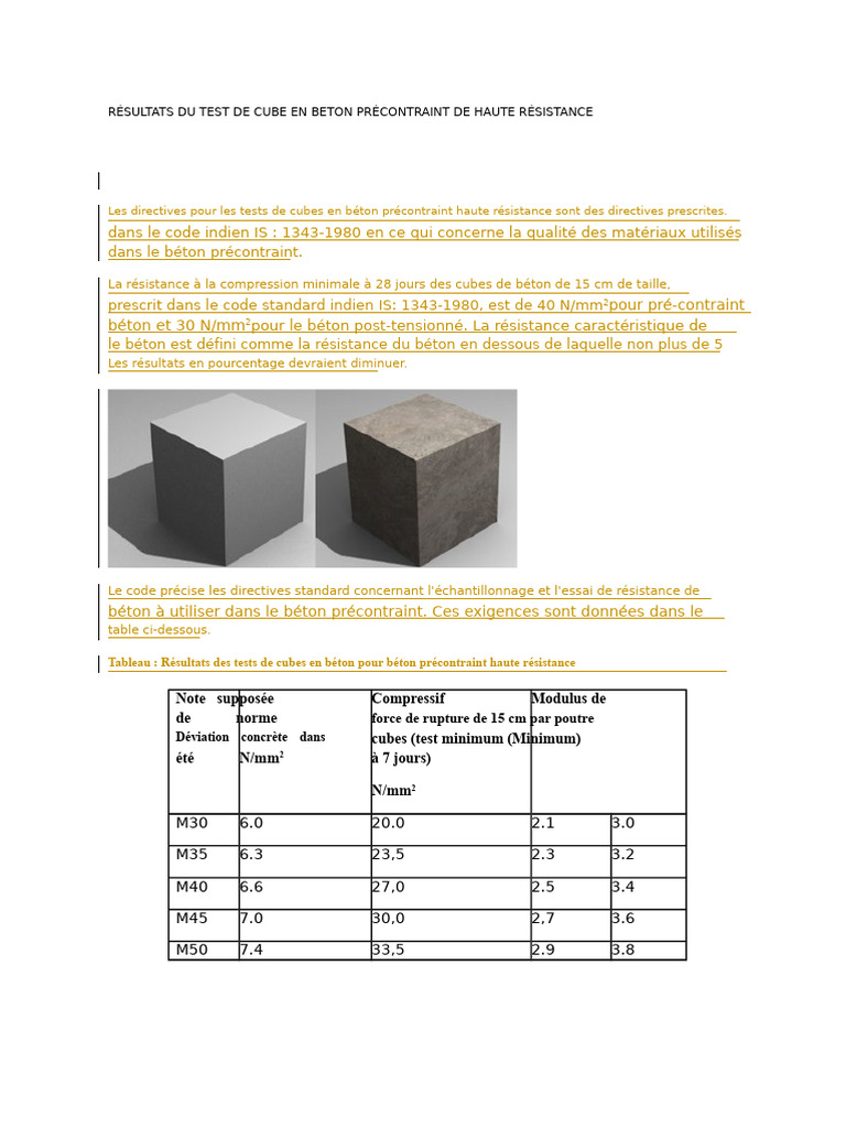 Tests de résistance des cubes en béton précontraint | PDF | Béton | Ciment