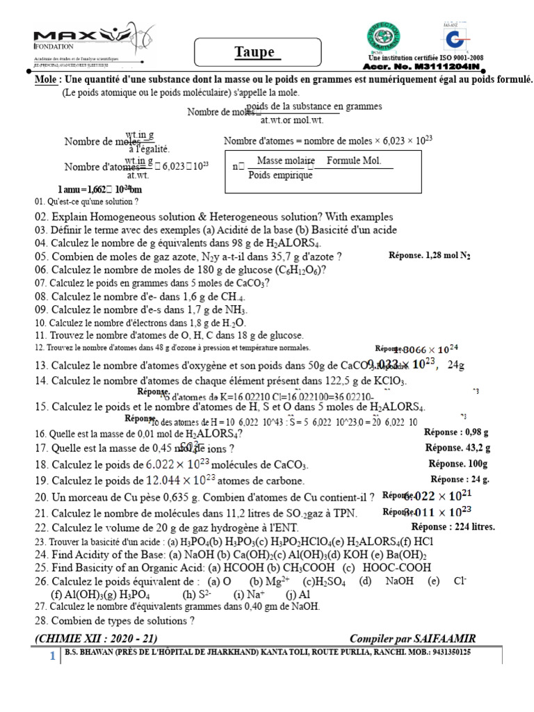 Concepts de mole et solutions en chimie | PDF | Concentration molaire ...