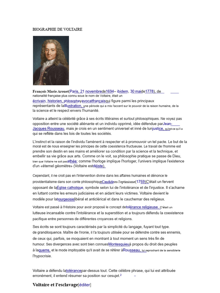 Biographie concise de Voltaire | PDF | Jean-Jacques Rousseau | Voltaire