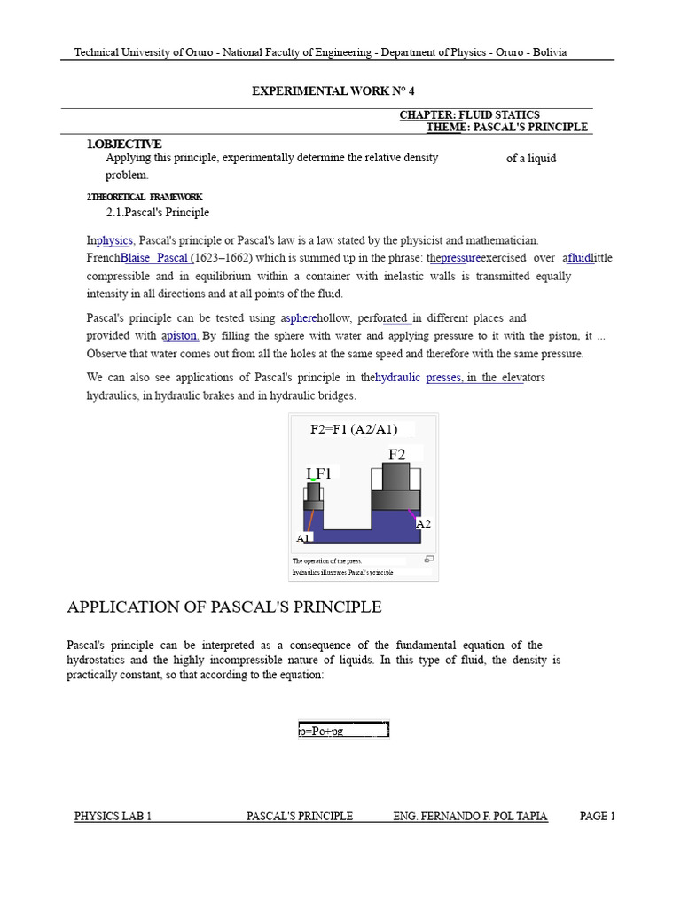Pascal's Principle in Fluid Statics Experiment | PDF | Pressure | Liquids