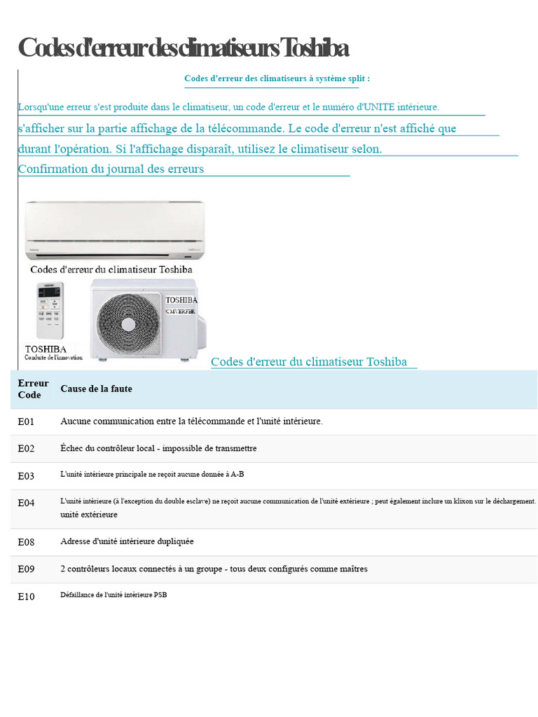 Codes D'erreur Du Climatiseur Toshiba PDF Climatisation — free download