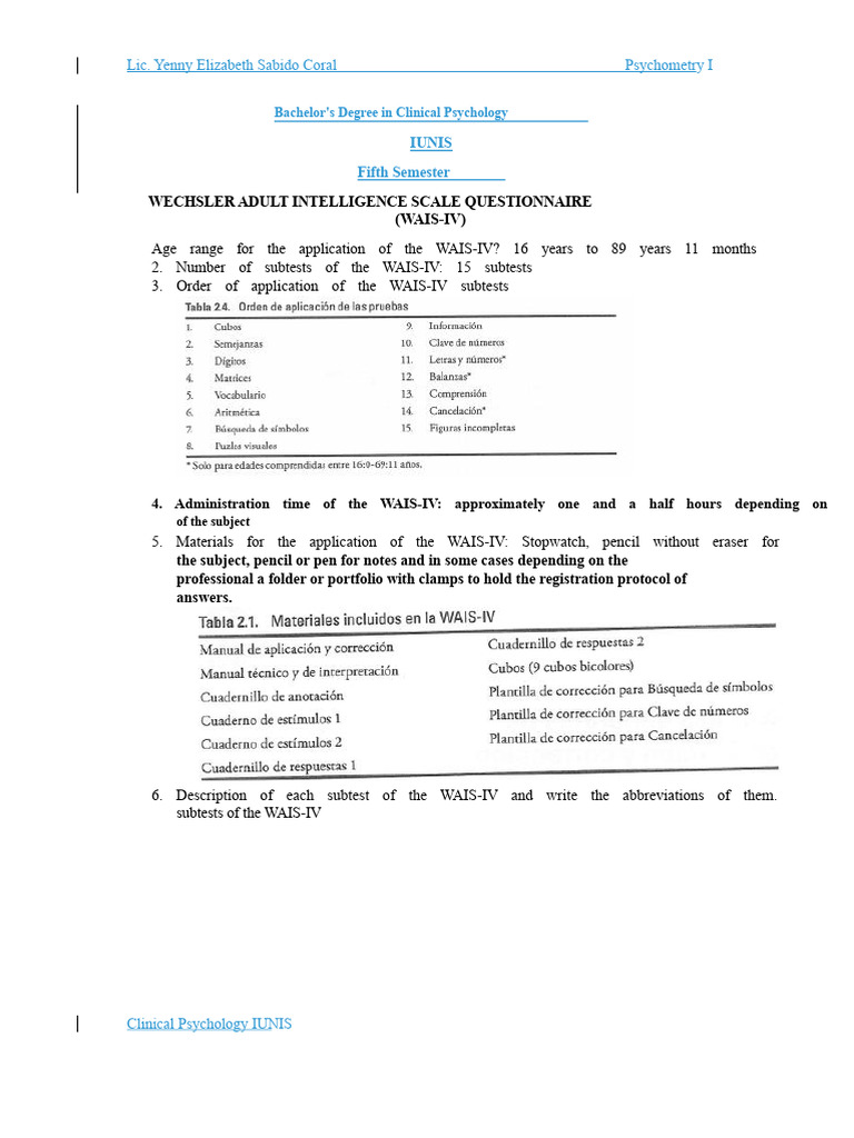 Wais-Iv Questionnaire - Solved | PDF | Wechsler Adult Intelligence ...