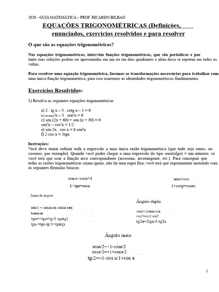 Exercícios Resolvidos de Trigonometria | PDF | Funções trigonométricas ...