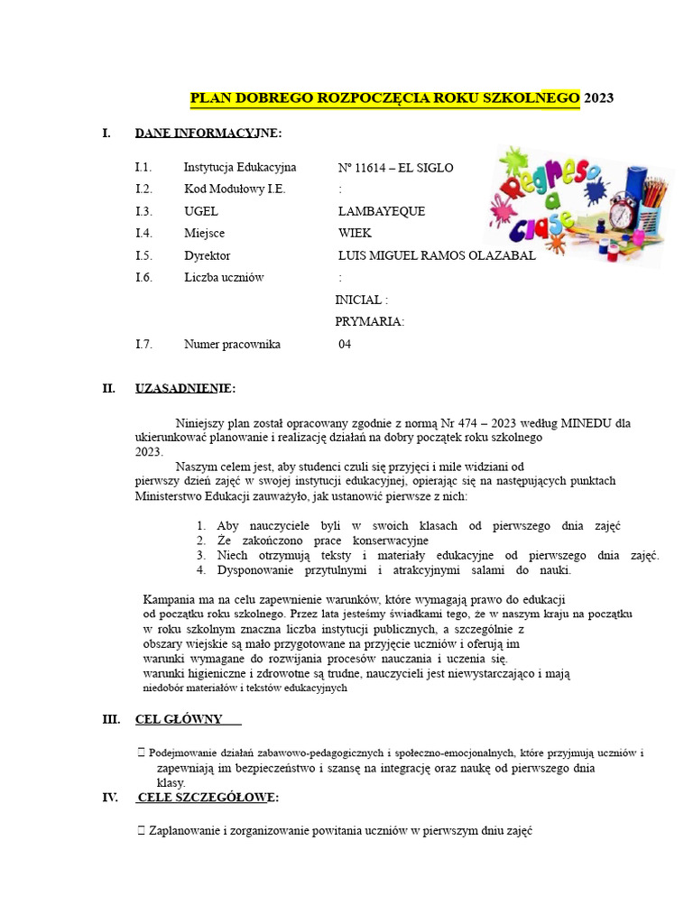 Plan Dobrego Rozpoczęcia Roku Szkolnego I, e 11614 | PDF