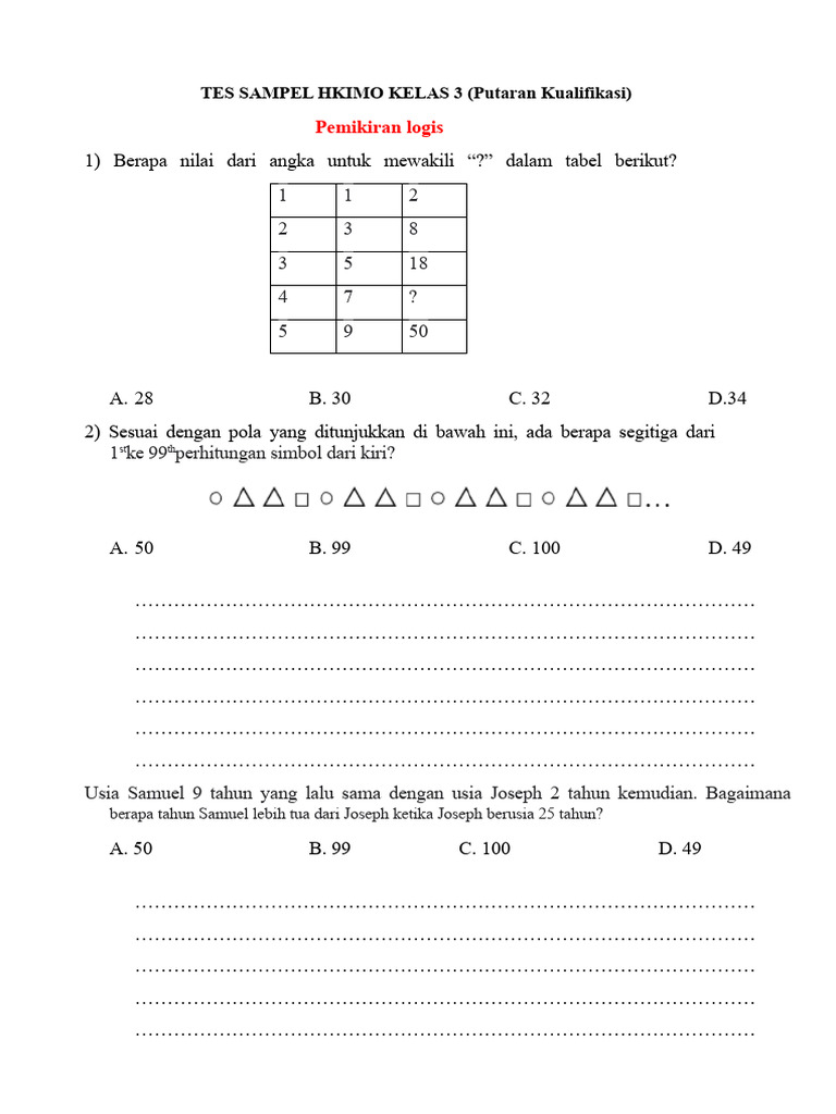 Tes Sample HKIMO Kelas 3: Logika dan Aritmetika | PDF