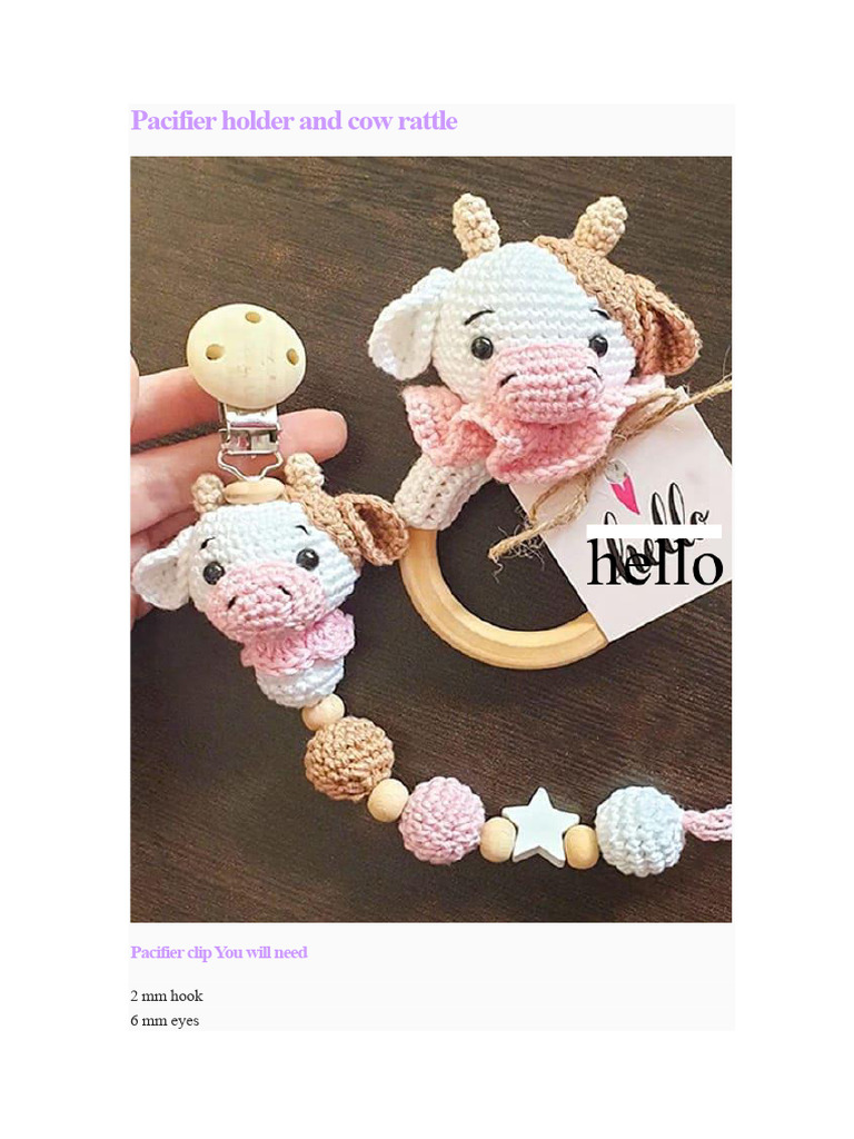 Amigurumi Cow Rattle & Pacifier Clip Guide | PDF | Knitting | Textile Arts