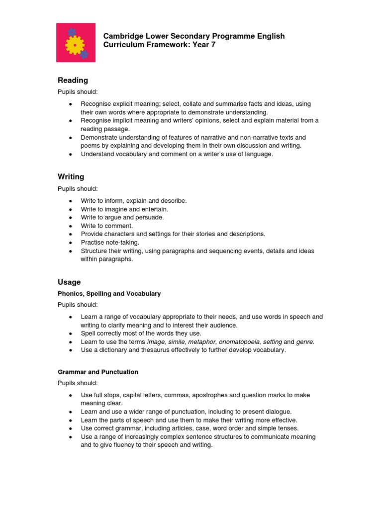 CLSP English Curriculum Framework - Year 7 | PDF