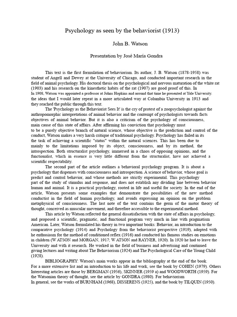 Psychology As Behaviorists See It - J. B. Watson (1913) PDF | PDF ...