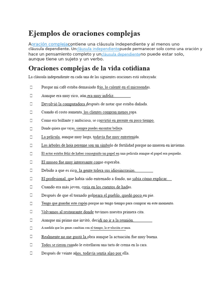 Ejemplos de oraciones complejas y simples | PDF | Oración (Lingüística ...