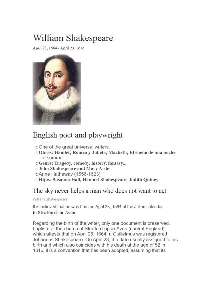 Shakespeare: Life and Works Overview | PDF | William Shakespeare ...