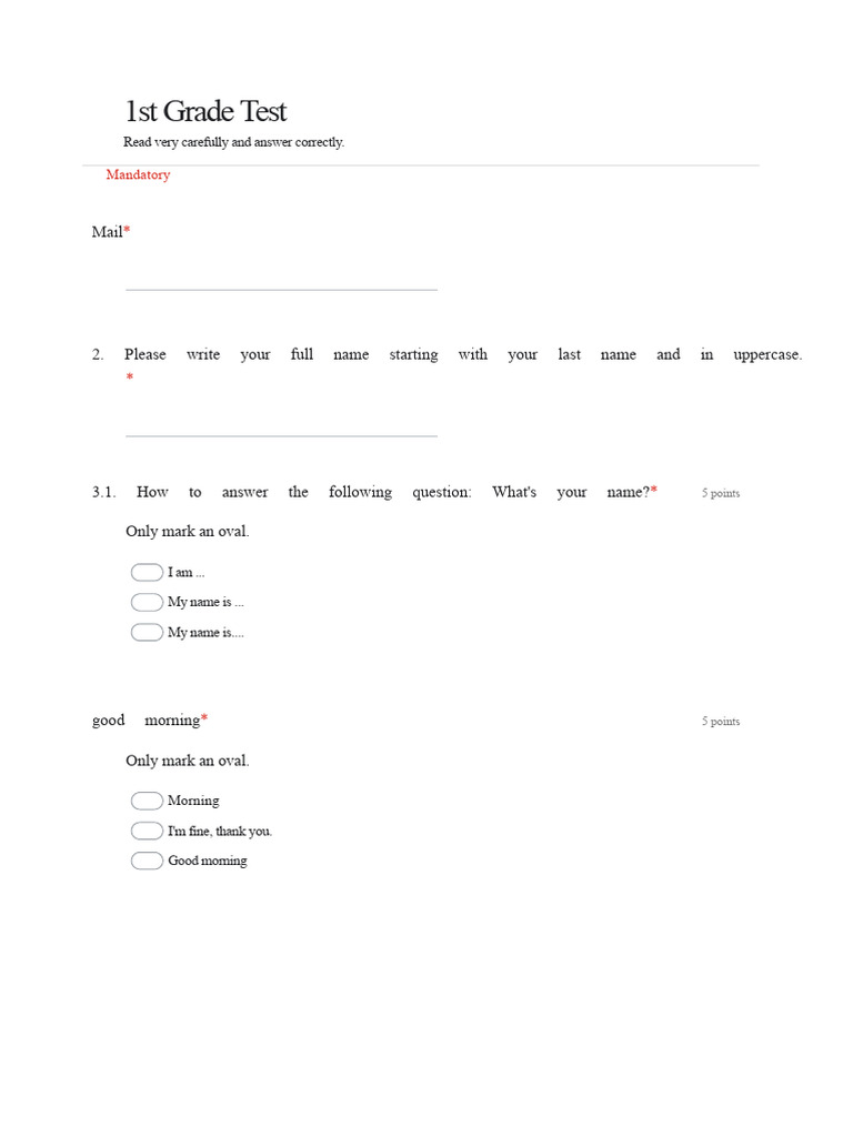 1st Grade Reading and Writing Test | PDF