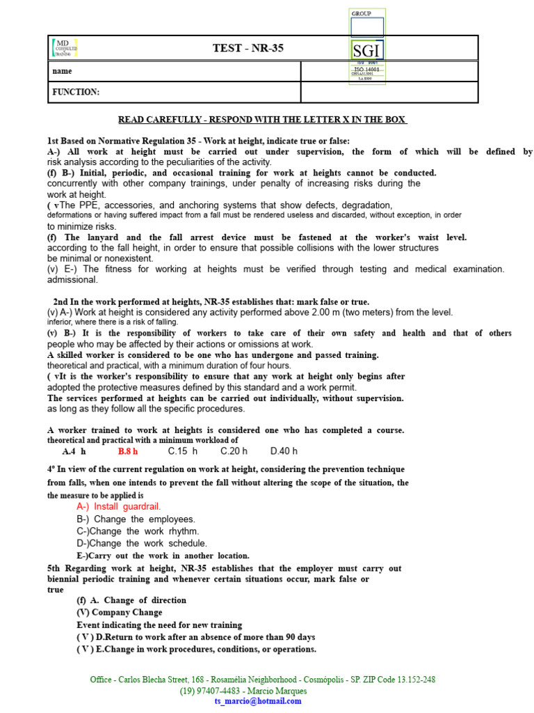 NR-35 Work at Height Compliance Test | PDF | Safety