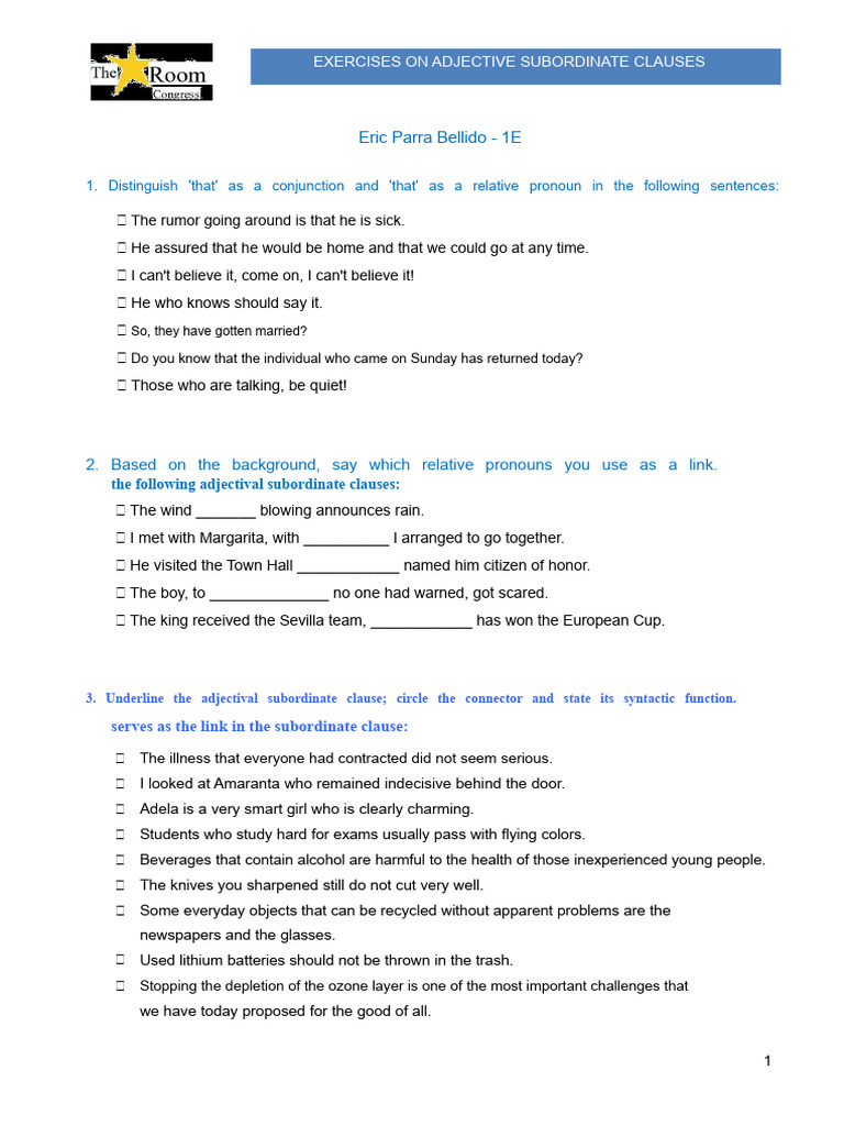 Review Exercises On Adjective Subordinate Clauses | PDF | Clause ...