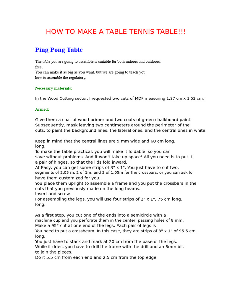 DIY Ping Pong Table Assembly Guide | PDF | Table Tennis