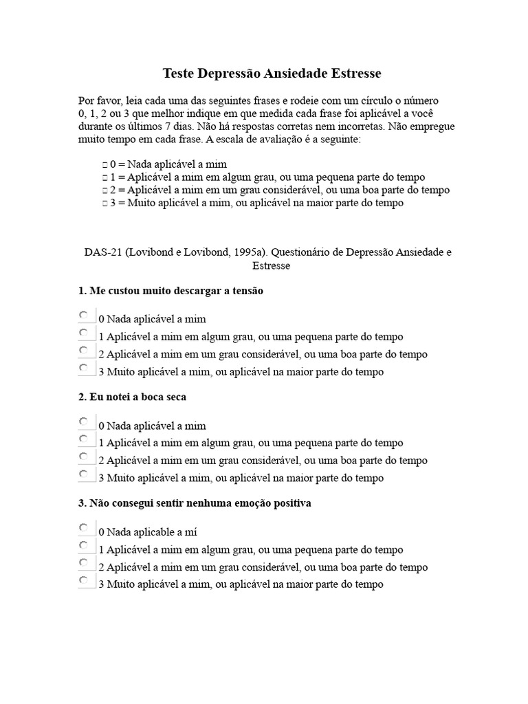 Teste de Depressão, Ansiedade e Estresse | PDF | Depressão | Ansiedade
