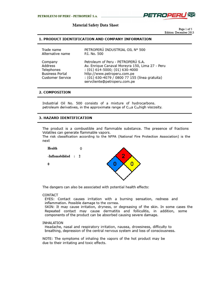 PETROPERÚ Industrial Oil MSDS Guide | PDF | Water