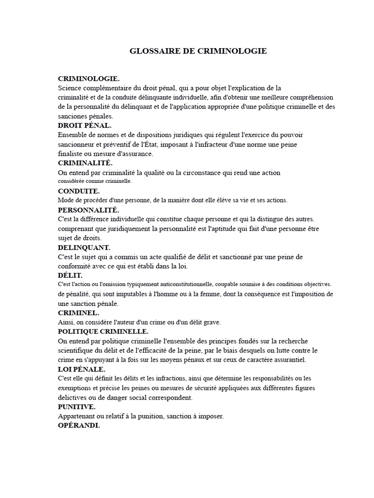 Glossaire de criminologie et droit pénal | PDF | Crimes | Crime et violence