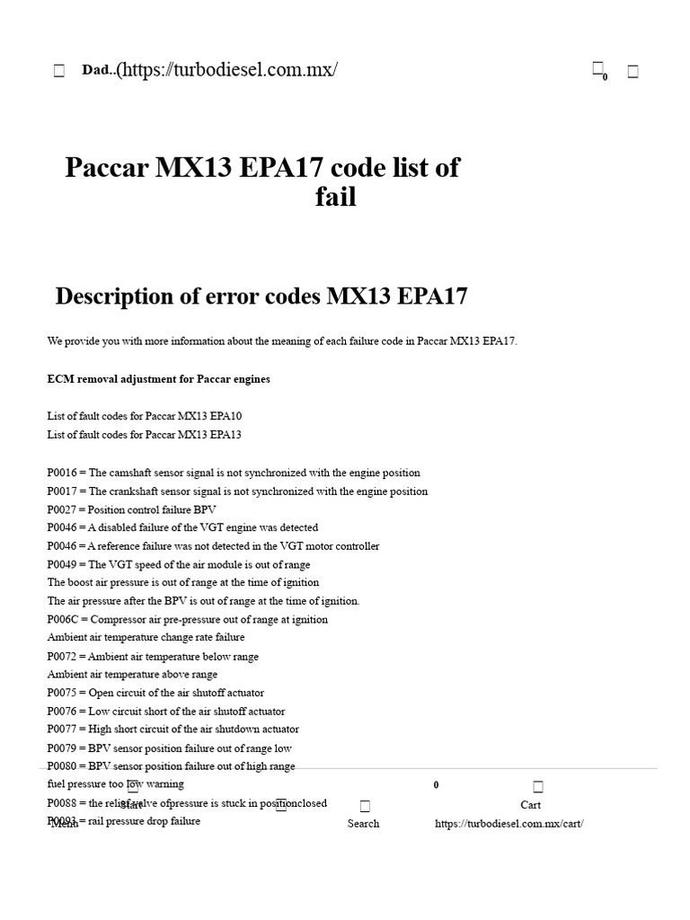 Paccar MX13 EPA17 Error Code Guide | PDF | Fuel Injection | Throttle