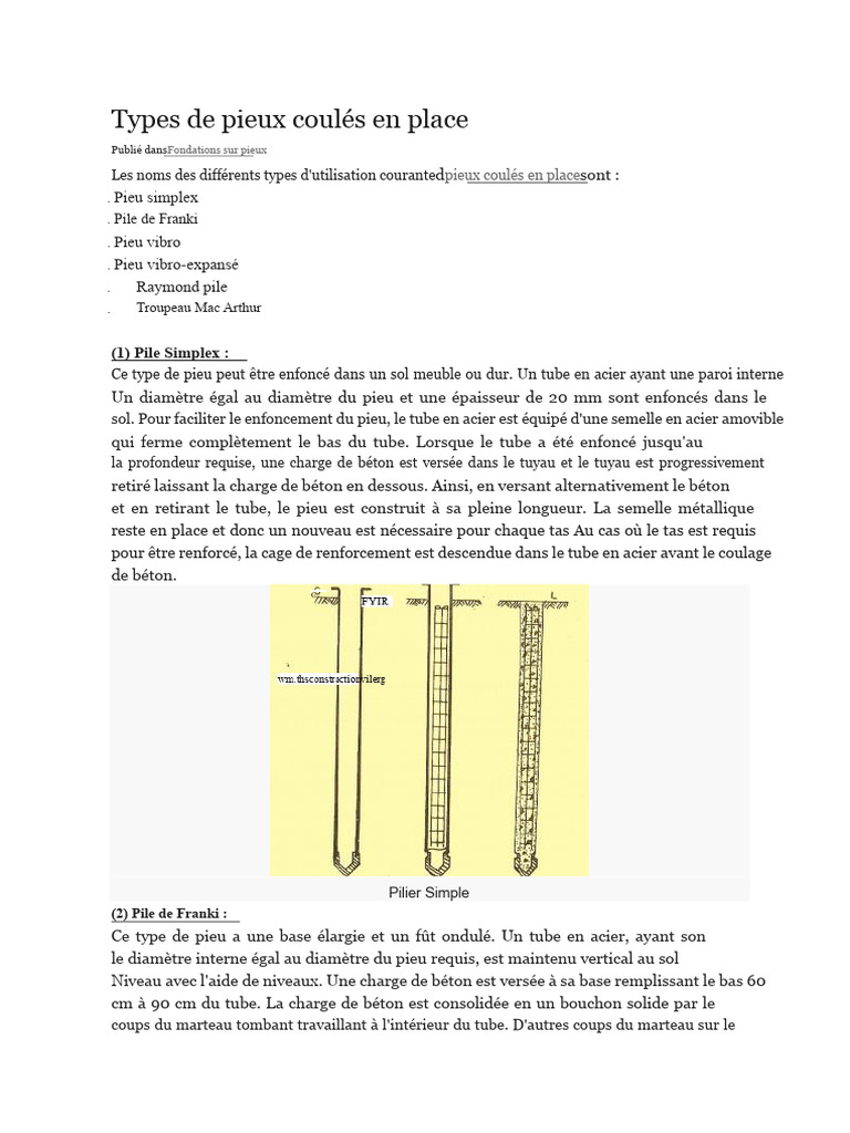 Types de pieux coulés en place expliqués | PDF | Béton | Matériau composite