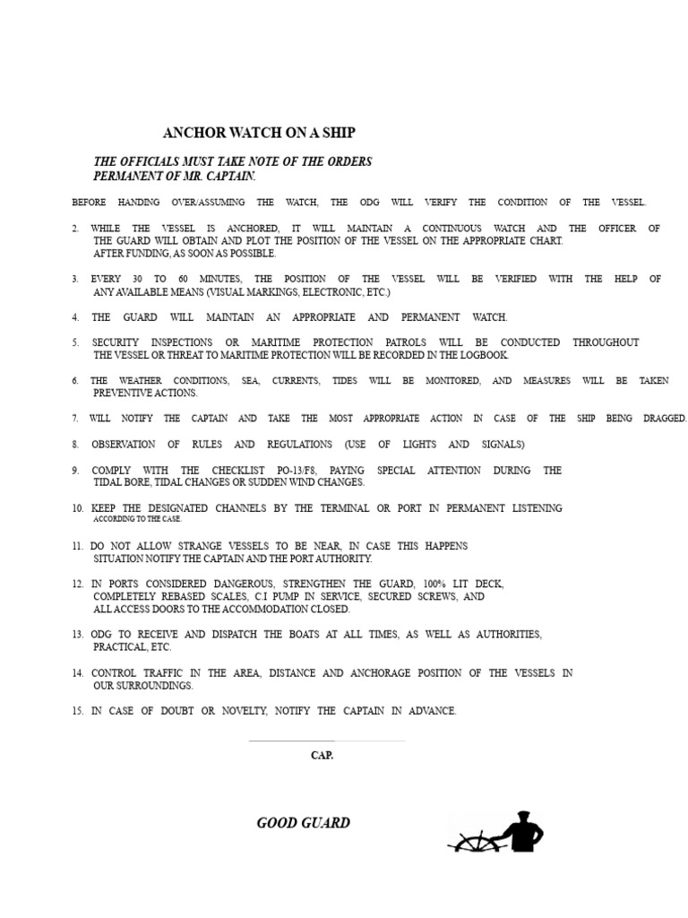 Captain's Night Orders for Anchor Watch | PDF | Navigation | Sea Captain