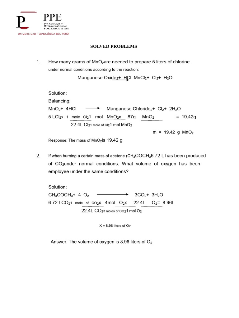 Chemical Reaction Problem Solutions | PDF | Mole (Unit) | Propane