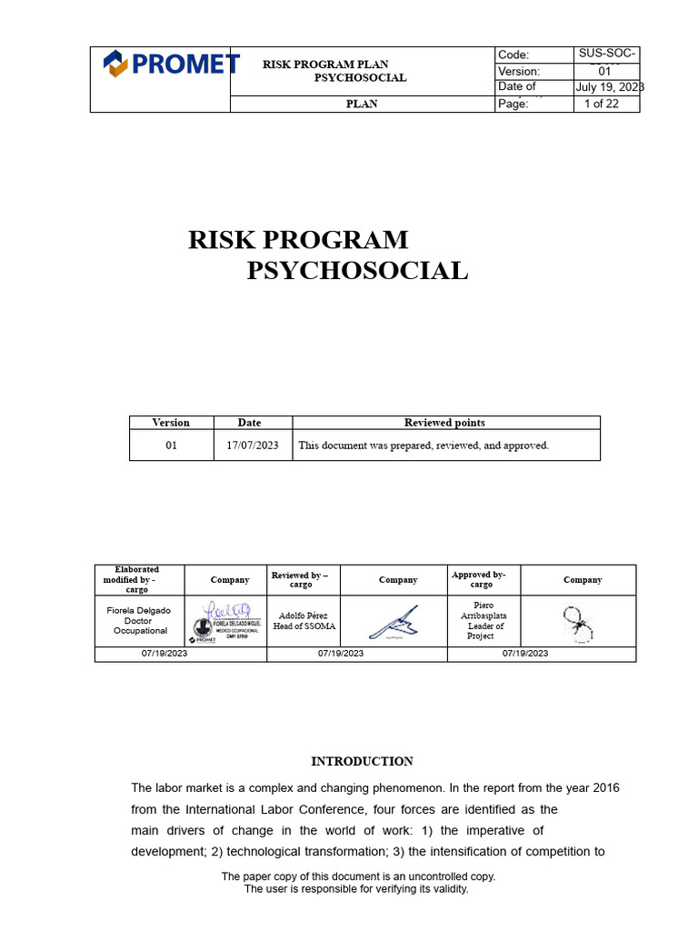 Psychosocial Risk Program Plan | PDF | Occupational Safety And Health ...
