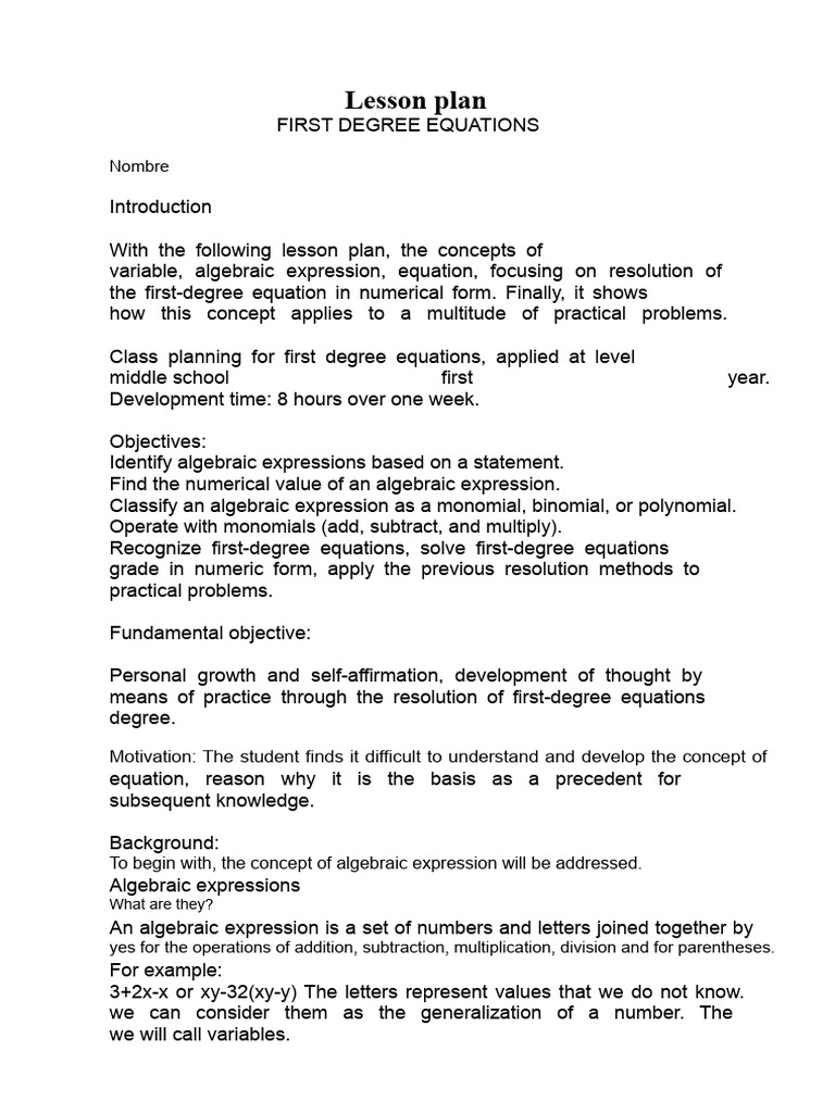 Lesson Plan First Degree Equations Pdf Polynomial Equations