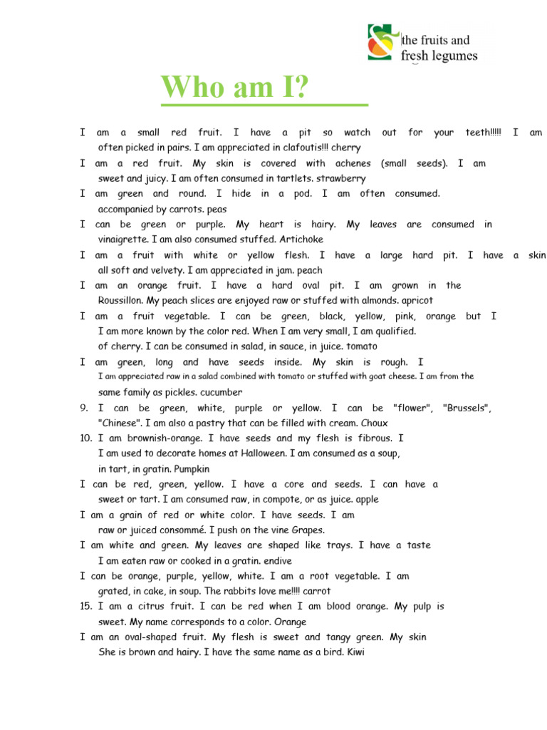 Who Am I - Charade - Expression - Riddle | PDF | Fruit | Orange (Fruit)
