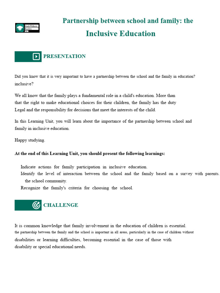 3 Partnership Between School and Family: Inclusive Education | PDF ...