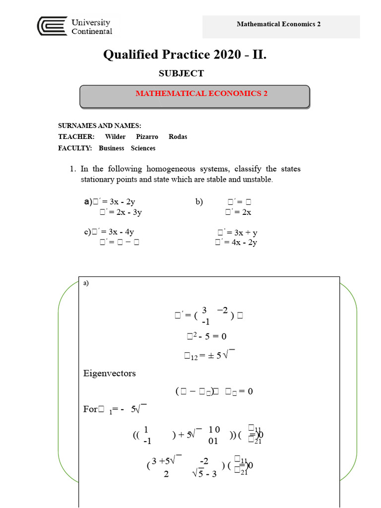 Mathematical Economics II Practice Solutions | PDF | Eigenvalues And ...