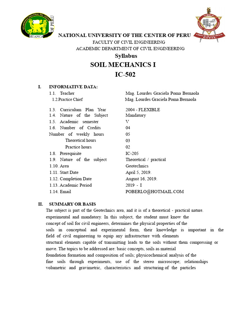 Soil Mechanics I Syllabus Overview | PDF | Soil | Curriculum