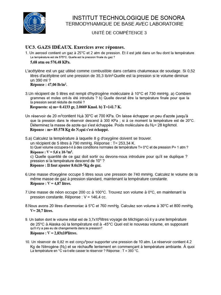 Exercices sur les gaz idéaux et thermodynamique | PDF | Pression | Gaz