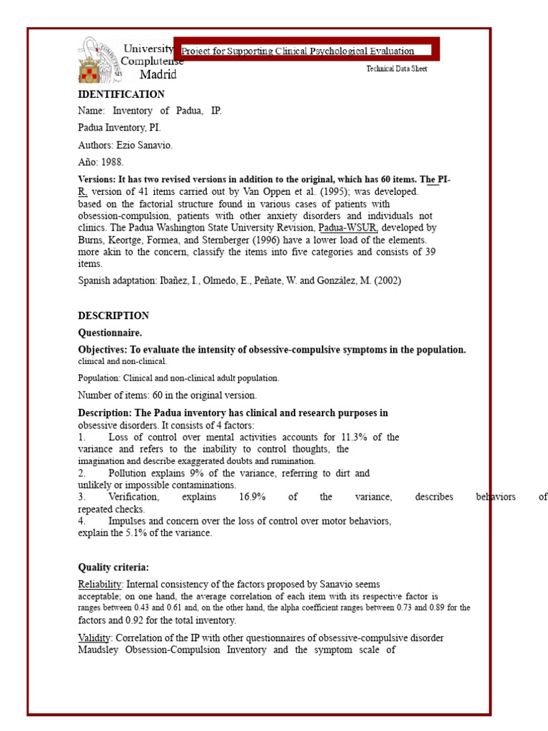 Padua Inventory for OCD Assessment | PDF | Obsessive–Compulsive ...