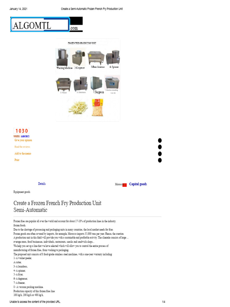 Semi-Automatic Frozen Fry Production Unit | PDF | French Fries